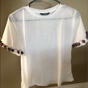 SHEIN White T-Shirt with Colorful Pom-Pom Sleeves